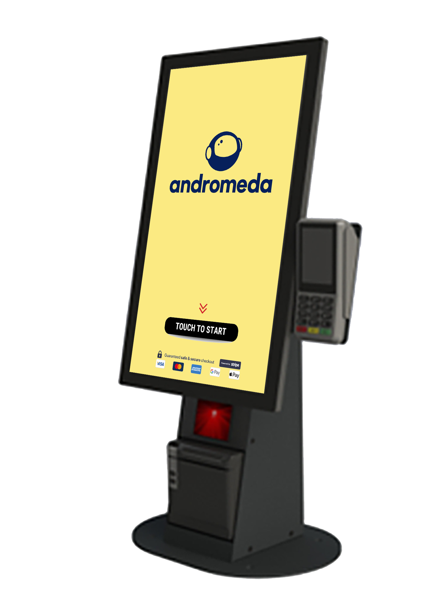 Andromeda 15-inch counter-top kiosk with integrated Stripe card reader, receipt printer, and Touch to Start prompt