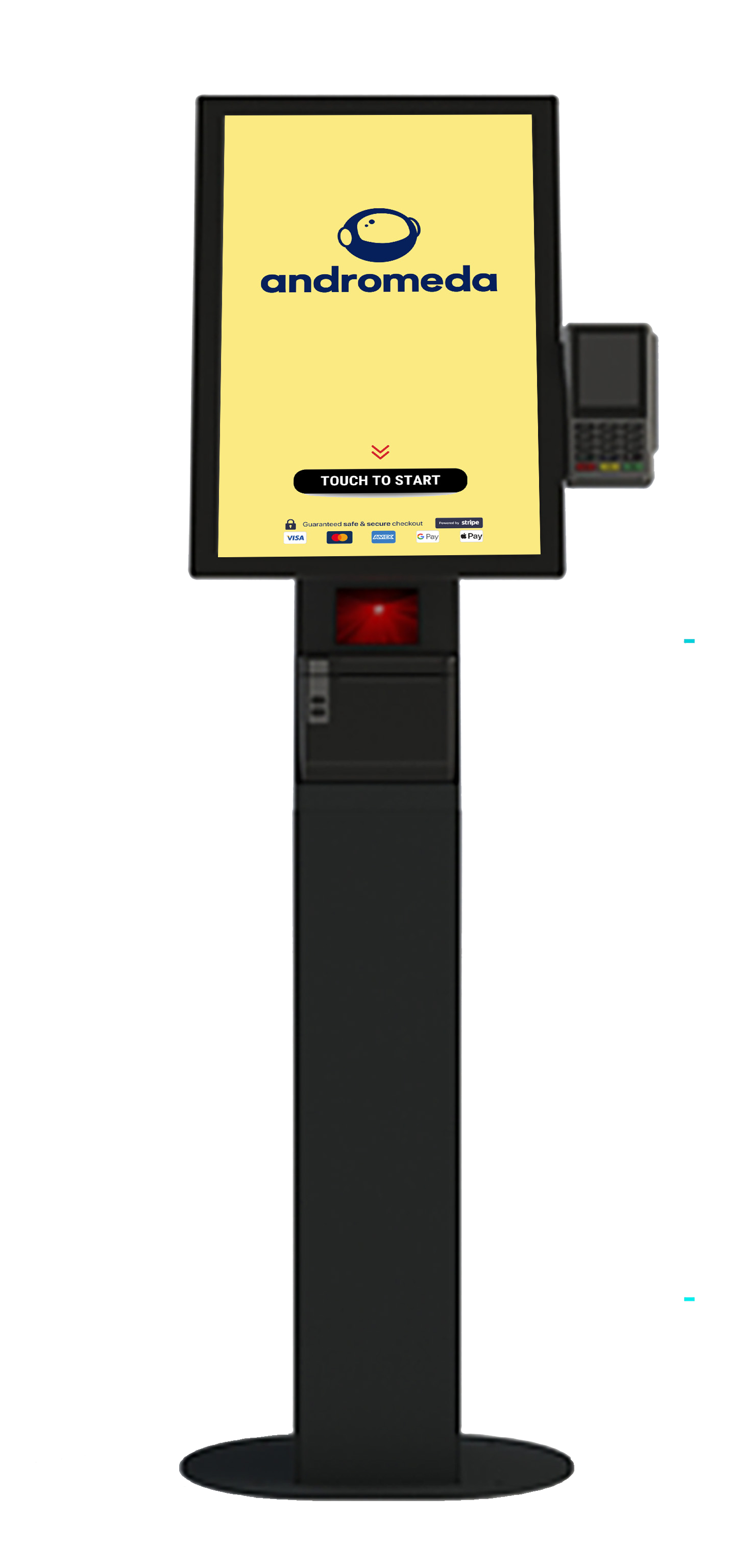 Andromeda 21-inch floor-mounted kiosk with portrait touchscreen, card reader, and steel base column