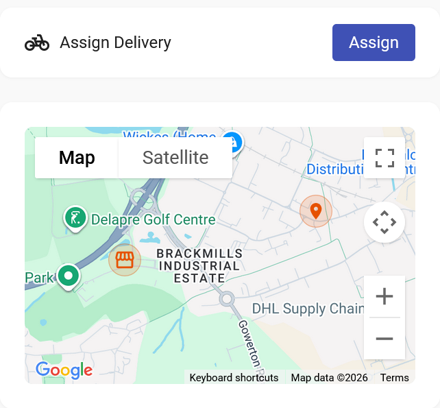 Andromeda Go driver assignment screen with live Google Map showing pickup and delivery locations