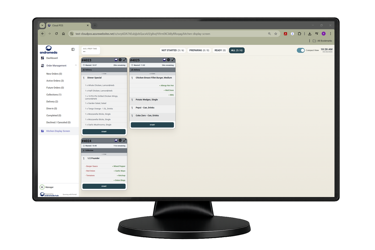 Andromeda Kitchen Display System screen showing live orders by station